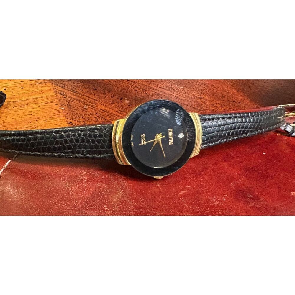 Women's Gold Tone Manhattan Diamond Watch, Black Face and Bezel, Leather Band